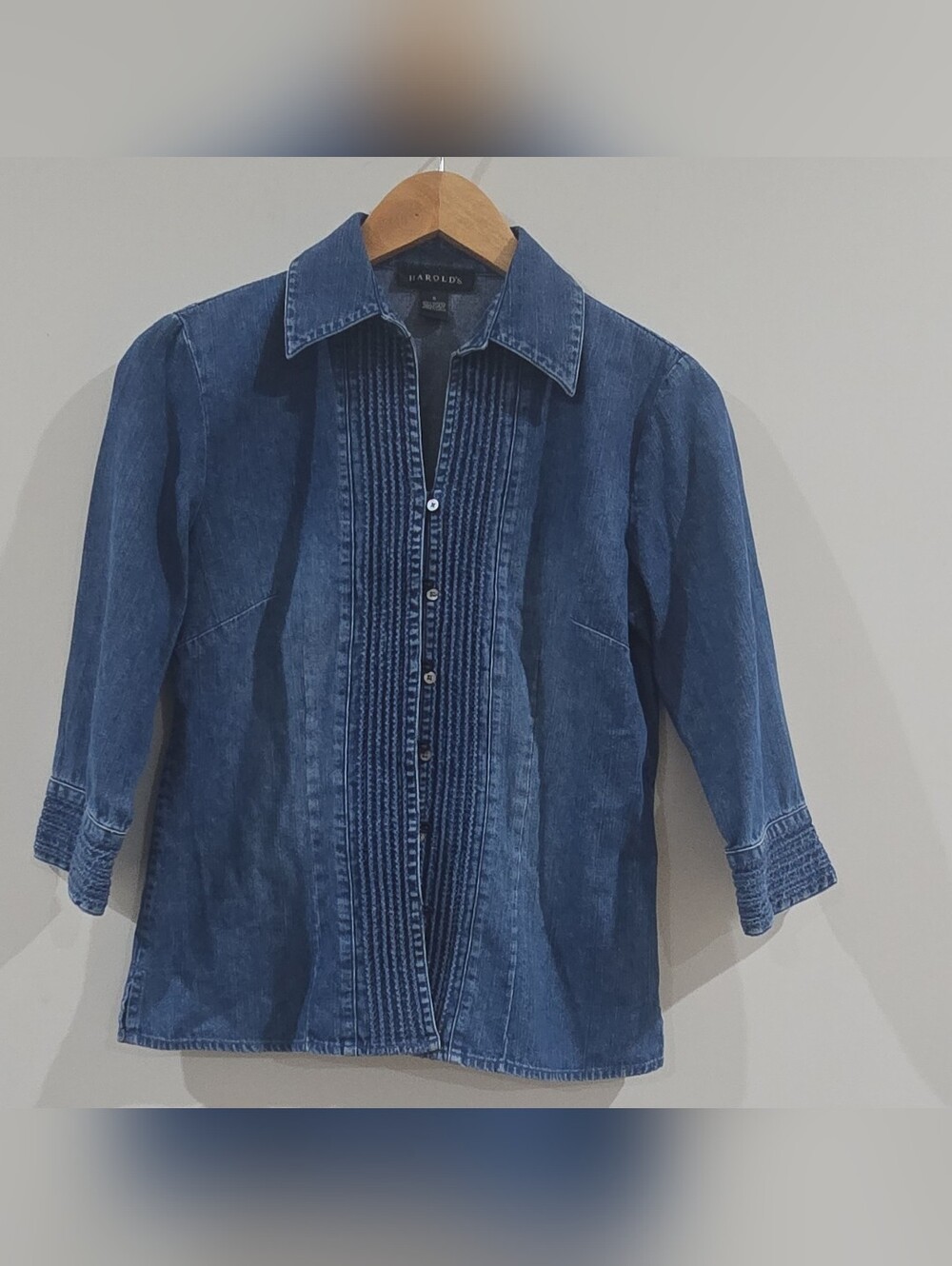 Chambray Harold's Womens Denim Button-Up Top Sz 6 Blue Solid Collared 3/4 Sleeve